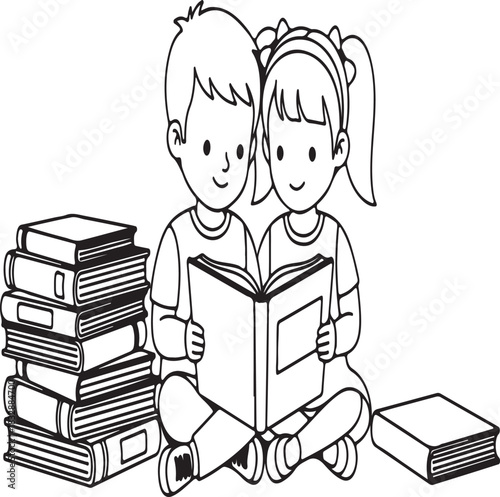 Two smiling children boy and girl sitting on floor together reading book with stack of books line art vector illustration