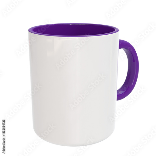 3D Render a purple and white coffee mug with a handle