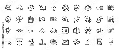 Information technology and security line icon set. Vector pictograms of bug tracking, data management, error correction, and system analysis, thin linear illustration.