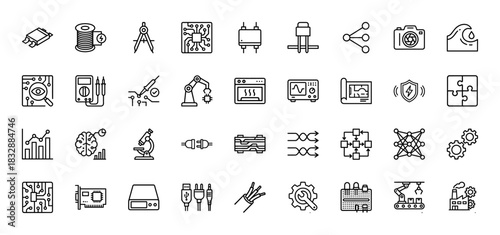 Electronics and engineering line icon set. Vector pictograms of microchips, oscilloscope, camera, and robotic arm, thin linear illustration.
