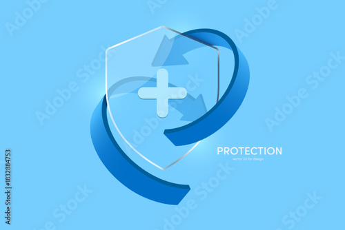  Two blue arrows swirl around a glass shield to protect against germs or viruses, vector 3d illustration isolated on blue background for Advertisements about medical or disinfectant products