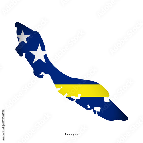 Vector isolated illustration with national flag with shape of Country of Curaçao simplified map. Volume shadow on is;and map.2 white stars on blue background and yellow strip