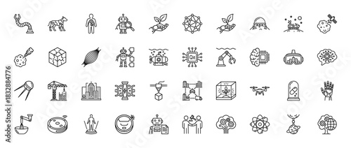 Future technology line icon set. Vector pictograms of robotics, artificial intelligence, biotechnology, and innovation concepts, thin linear illustration.