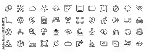 Technology and industry line icon set. Vector pictograms of iot, cloud, data, security, server, and factory, thin linear illustration.