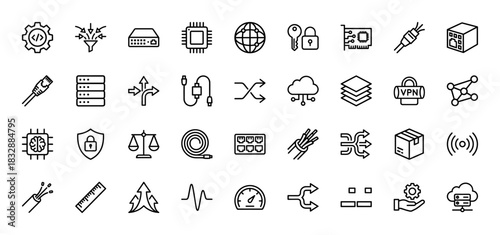 Technology and networking line icon set. Vector pictograms of server, cable, processor, vpn, and data, thin linear illustration.