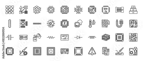 Electronics and computing technology line icon set. Vector pictograms of microchips, motherboard, soldering, power supply, and cooling, thin linear illustration.