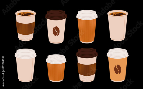 Takeaway paper coffee cups. Takeout hot drinks to go in paper mugs with lids and sleeves, zarf. Take-away tea and coffee on holder. Flat vector illustration isolated on white background
