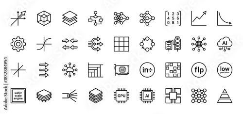 Artificial intelligence and machine learning line icon set. Vector pictograms of neural networks, processors, graphs, and data flow, thin linear illustration.