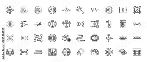 Electronics and computing line icon set. Vector pictograms of neural networks, chips, transistors, and quantum computing, thin linear illustration.