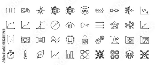 Machine learning and artificial intelligence line icon set. Vector pictograms of neural networks, data flow, algorithms, and processing units, thin linear illustration.