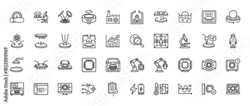 Semiconductor manufacturing line icon set. Vector pictograms of wafer slicing, lithography, etching, dicing, and chip packaging, thin linear illustration.