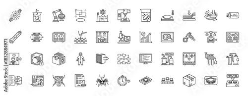 Semiconductor manufacturing and testing line icon set. Vector pictograms of cleanroom processes, fabrication, and quality control, thin linear illustration.