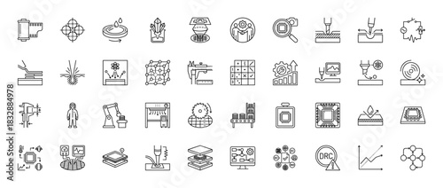 Semiconductor manufacturing and microchip engineering line icon set. Vector pictograms of wafer, calibration, drc check, and automation, thin linear illustration.