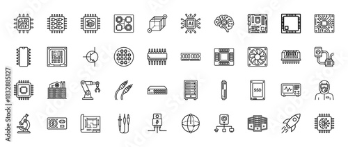 Technology line icon set. vector pictograms of microchips, ai brain, circuit boards, processors, and engineering equipment, thin linear illustration.
