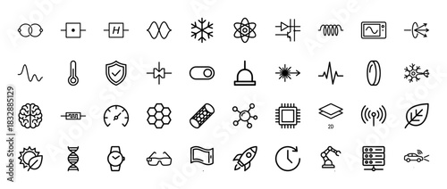 Technology and science line icon set. Vector pictograms of quantum computing, biology, physics, engineering, and electronics, thin linear illustration.