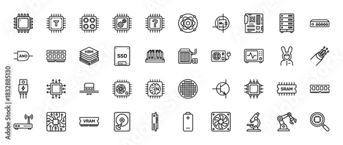 Electronics and computing hardware line icon set. Vector pictograms of microchips, semiconductors, memory, and cooling components, thin linear illustration.