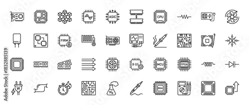 Electronics and hardware technology line icon set. Vector pictograms of microchips, cpu, soldering, and cooling fans, thin linear illustration.