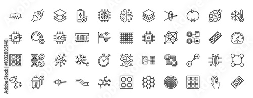 Electronics and technology line icon set. Vector pictograms of microchips, semiconductors, neurons, and connectivity, thin linear illustration.