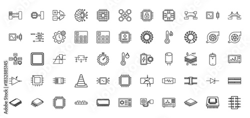 Electronics and computing line icon set. Vector pictograms of microchips, sensors, processors, and thermal components, thin linear illustration.