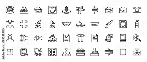 Semiconductor manufacturing and microchip technology line icon set. Vector pictograms of wafer, cleanroom suit, circuit board, and photolithography, thin linear illustration.