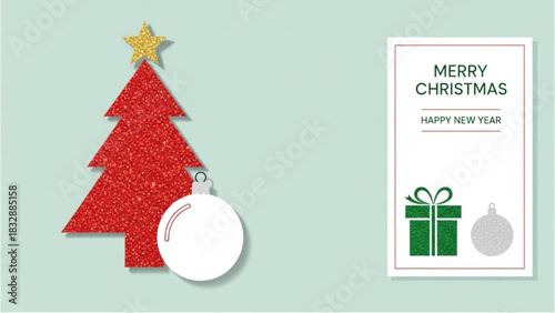 Festive Christmas Card Design with Tree and Ornaments