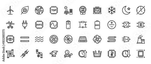 Energy management and efficiency line icon set. Vector pictograms of wind power, solar panels, cooling fans, and temperature control, thin linear illustration.