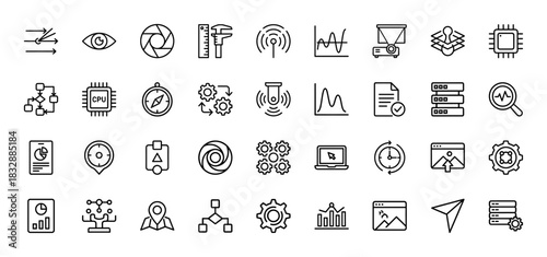 Data analysis and technology line icon set. Vector pictograms of server, cpu, graph, and process flow, thin linear illustration.