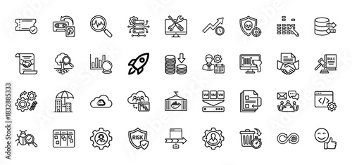 Technology and development line icon set. Vector pictograms of server, database, security, and project management, thin linear illustration.