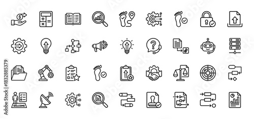 Business and technology line icon set. Vector pictograms of settings, data analysis, process, idea, and security, thin linear illustration.