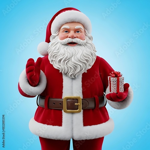 Santa claus holding a gift on a blue background