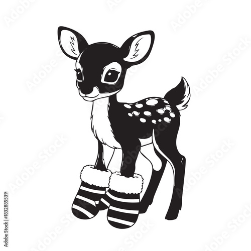 Stylized black and white deer fawn illustration with striped legs and playful cartoon character.