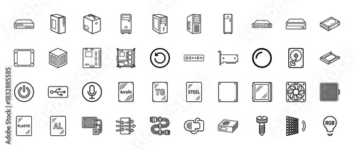 Computer hardware components line icon set. Vector pictograms of chassis, motherboard, storage drive, fan, and cables, thin linear illustration.
