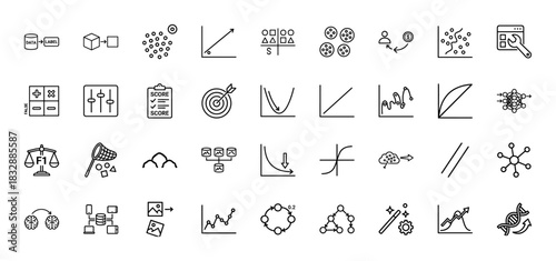 Data science and machine learning line icon set. Vector pictograms of neural networks, algorithms, and data analysis concepts, thin linear illustration.