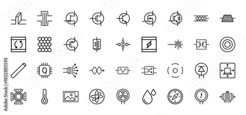 Electronics and physics line icon set. Vector pictograms of transistors, diodes, sensors, and microchips, thin linear illustration.