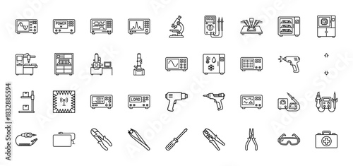Electronics and engineering equipment line icon set. Vector pictograms of oscilloscopes, power supplies, microscopes, and tools, thin linear illustration.