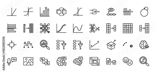 Machine learning and artificial intelligence line icon set. Vector pictograms of neural networks, data graphs, functions, and algorithms, thin linear illustration.