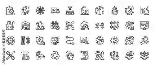 Supply chain and smart industry line icon set. Vector pictograms of warehouse, automation, artificial intelligence, and logistics, thin linear illustration.