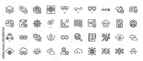 Information technology and cloud computing line icon set. Vector pictograms of virtualization, networking, and security, thin linear illustration.