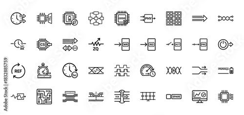 Electronics and semiconductor line icon set. Vector pictograms of clock, chip, command, data, and signal, thin linear illustration.