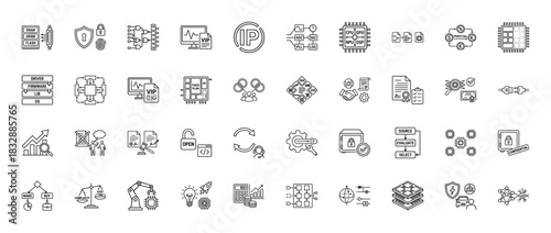 Technology and development line icon set. Vector pictograms of security, complexity, driver, and firmware, thin linear illustration.