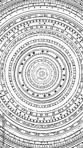 Intricate circular mandala design featuring concentric rings, geometric symbols, and hypnotic radial patterns.