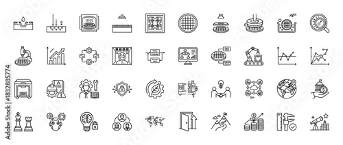 Semiconductor manufacturing and technology line icon set. Vector pictograms of wafer, processor, automation, and data, thin linear illustration.