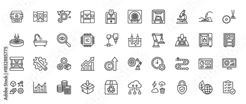 Industrial manufacturing and technology line icon set. Vector pictograms of robotics, 3d printing, finance, and engineering, thin linear illustration.