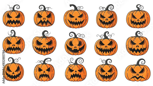 Spooky Jack-o-lantern Halloween Pumpkins with Various Scary Facial Expressions
