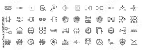 Computer science and hardware line icon set. Vector pictograms of memory, cpu, processing, and data flow, thin linear illustration.