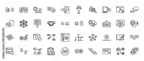 Software development line icon set. Vector pictograms of coding, testing, bug fixing, and version control, thin linear illustration.