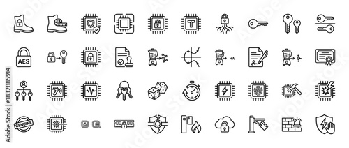 Cybersecurity line icon set. Vector pictograms of authentication, encryption, hardware, and physical security elements, thin linear illustration.