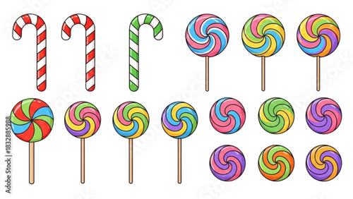 A delightful assortment of sweet confectionery, including colorful lollipops and candy canes