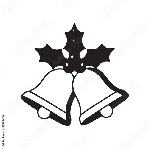 Classic Christmas Bells with Holly Leaves Graphic Icon.