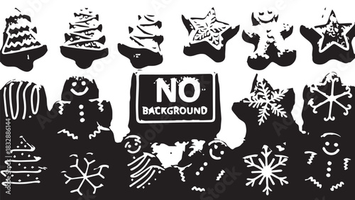 Collection of monochrome holiday cookies shapes including stars, snowflakes, and trees.